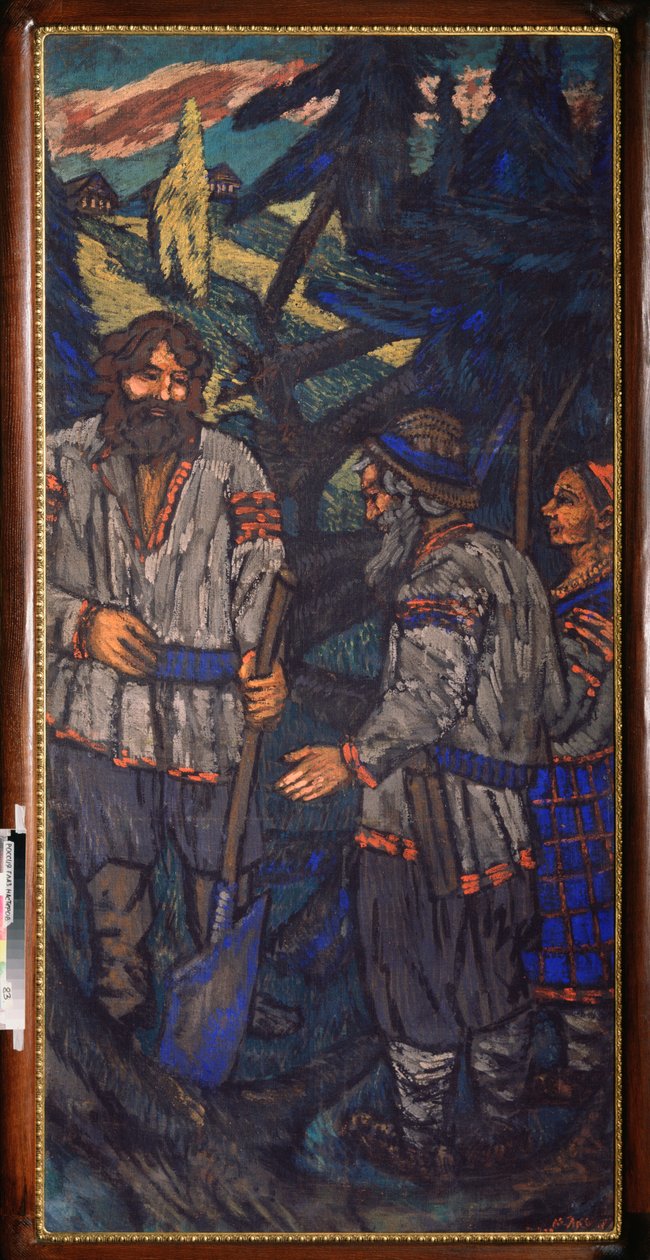 Suurruhtinas Vladimir I Svjatoslavitšin häät (suuri tai punainen aurinko, 958-1015) (Suurruhtinas Vladimir I Svjatoslavitšin häät) Vladimir lapiolla puhuu talonpojan kanssa - Mihail Nikolajevitš Jakovlevin maalaus (1880) -1 tekijältä Mikhail Nikolayevich Yakovlev