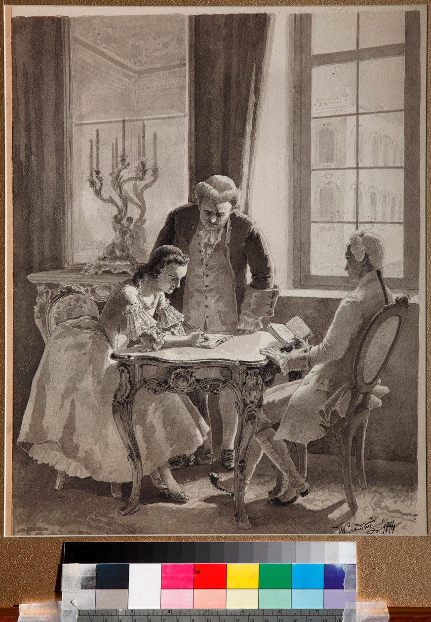 ""Keisarinna Katariina II:n (1729-1796) venäjän kielen oppitunti" (Keisarinna Katariina II:n venäjän kielen oppitunti) Mikhail Klodtin (1835-1914) kynä- ja mustepiirustus tekijältä Mikhail Petrovich Klodt