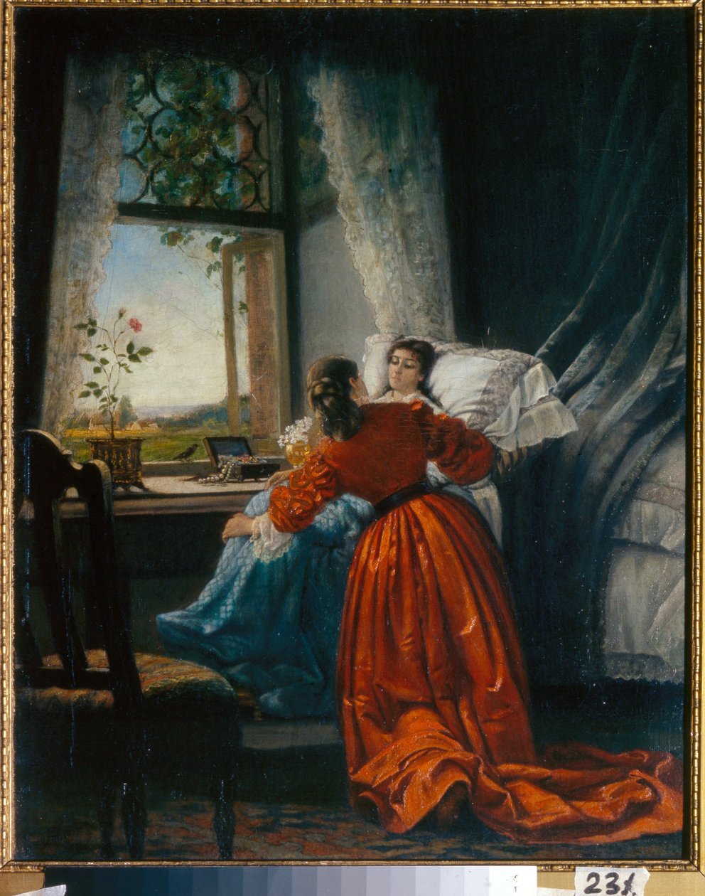 Vierailu sairaiden luona (Visiting the Sick) nainen nostaa pienen tytön istuimelle, asennettuna ikkunan viereen - Mihail Petrovitšin maalaus, Baron Klodt (1835-1914), öljy kuparille tekijältä Mikhail Petrovich Klodt