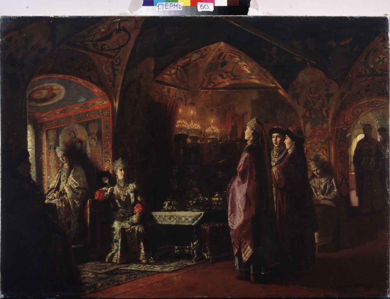 Tsaarinan asunto (Tsarevnan asunto). Sävellys vanhan Venäjän teemasta, perinteinen puku ja Moskovan ruhtinaskunnan koristelu. Paroni Mihail Petrovich Klodtin (1835-1914) maalaus öljy kankaalle tekijältä Mikhail Petrovich Klodt