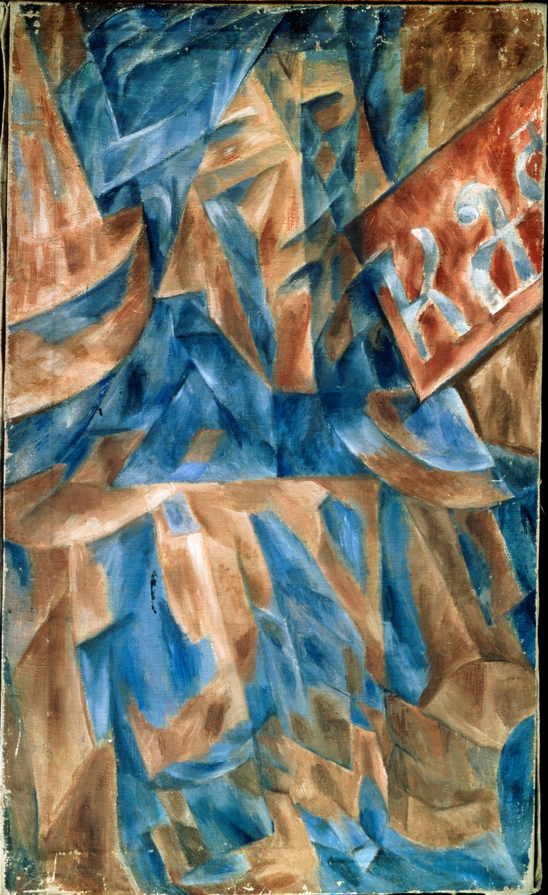 Femme dans un cafe (Nainen kahvilassa) - Kubistinen sävellys, jossa on pala kahvilan etuosaa (kirjoitus KA) - Mihail Vasilyevich Le Dantyun (1891-1917) maalaus, öljy kankaalle, noin 1910 - Venäläinen taide, ennen 1900-luvun vartiota, abstrakti taide - Stat tekijältä Mikhail Vasilevich Le Dantu