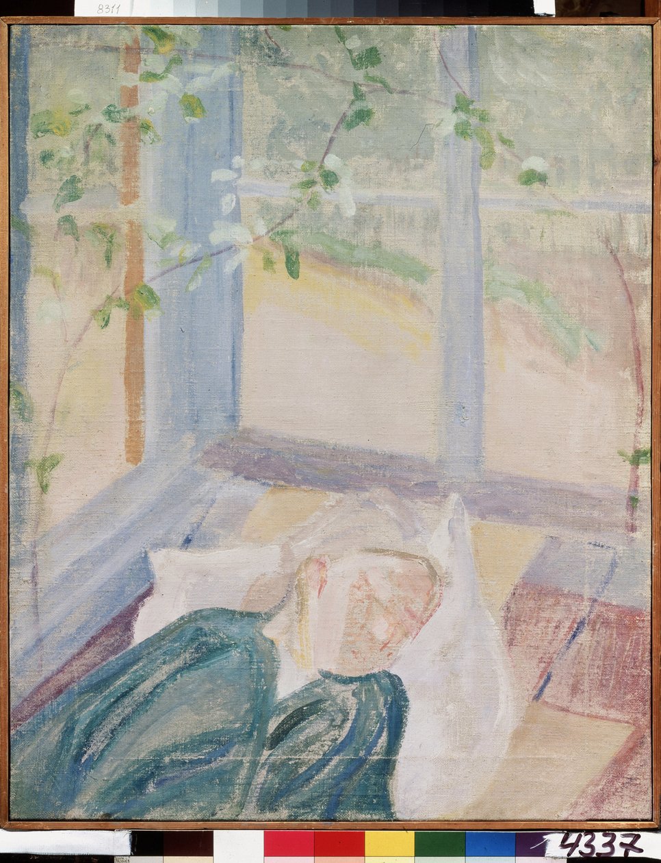Taiteilija Elena (Yelena) Guron (1877-1913) muotokuva, maalarin vaimo (taiteilija Y. Guron muotokuva, taiteilijan vaimo). Edustettuna nukkumassa terassin ikkunoiden alla, pukeutunut pusero ja huivi yllään. Mihail Vasilyevich Matin maalaus tekijältä Mikhail Vasilievich Matyushin