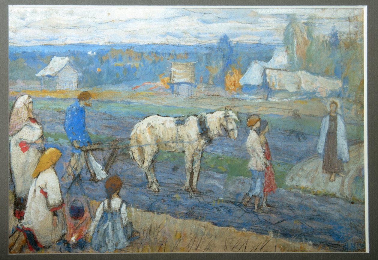 Pellolla (Talonpojat lopettavat maataloustyöt Jeesuksen ilmestymisen edessä matkalla) (Pellolla) - Mihail Vasilyevich Nesterovin (1862-1942) maalaus, guassi pahville (15,8x24 cm) tekijältä Mikhail Vasilievich Nesterov