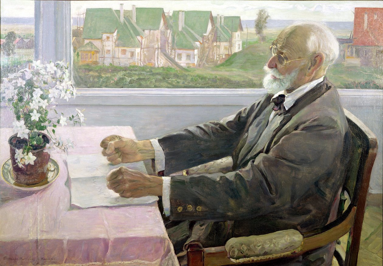 Ivan Petrovitš Pavlov (1849-1936) talossaan Koltushissa, Pietarin lähellä, 1935. tekijältä Mikhail Vasilievich Nesterov