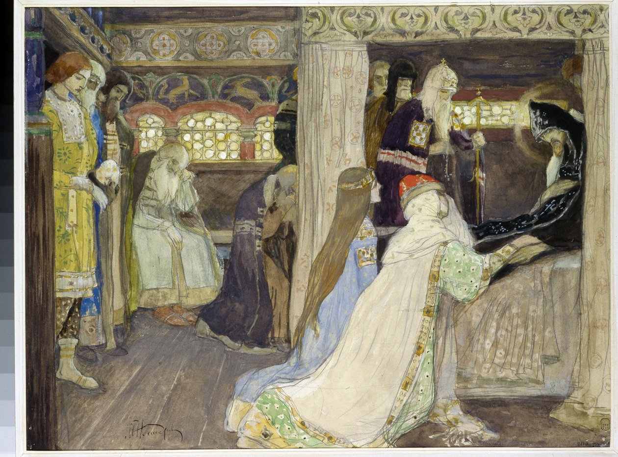 Suurruhtinas Aleksanteri Nevskin (1220-1263) kuolema. (Suurruhtinas Aleksanteri Nevskin kuolema). Mihail Vasilyevich Nesterovin (1862-1942) työ, akvarelli ja guassi paperille tekijältä Mikhail Vasilievich Nesterov