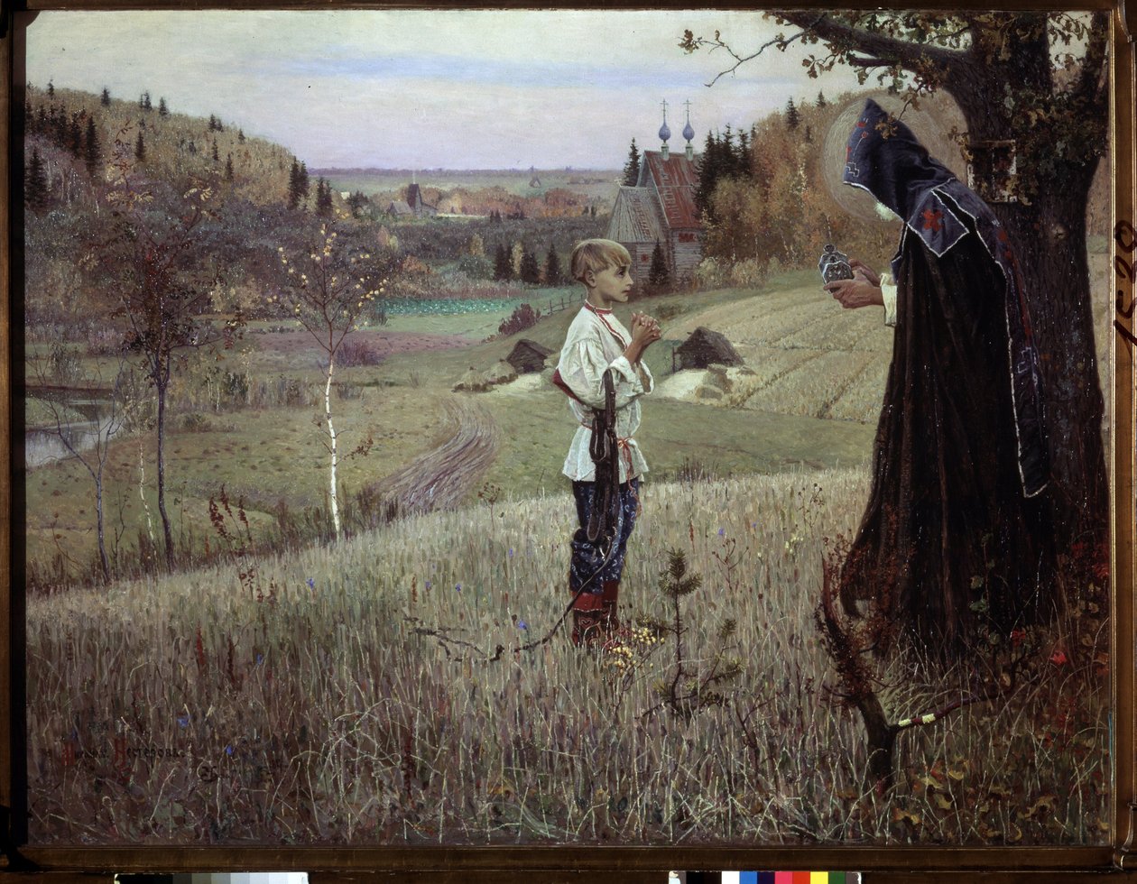 Nuoren Barthelemyn visio. (Nuoren Bartolomeuksen visio). Munkin ja nuoren venäläisen Barthelemyn (josta tulee Pyhä Serge de Radonege tai Sergii Radonežski tai Sergei Radonežski tai Sergius de Radonezh, noin 1313-1392) kohtaaminen. Maalattu tekijältä Mikhail Vasilievich Nesterov