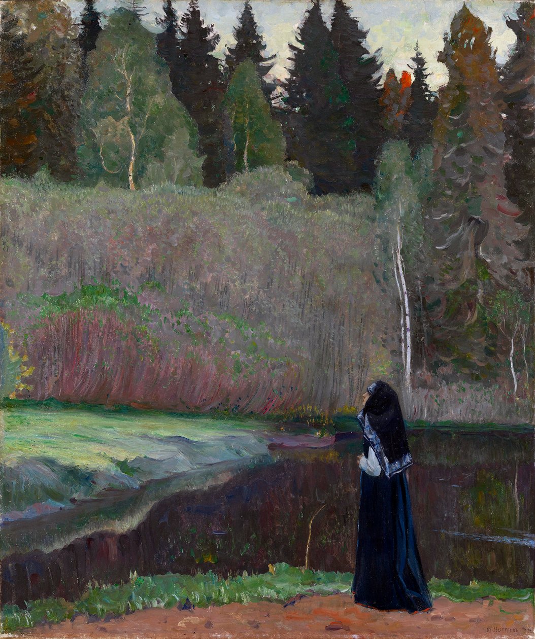 ""Le chant du rossignol"" (Satakieli laulaa) Nunna linnunlaulua kuuntelemassa - Mihail Vasilyevich Nesterovin (1862-1942) maalaus 1918 Koko 81x68,5 cm Yksityinen kokoelma tekijältä Mikhail Vasilievich Nesterov