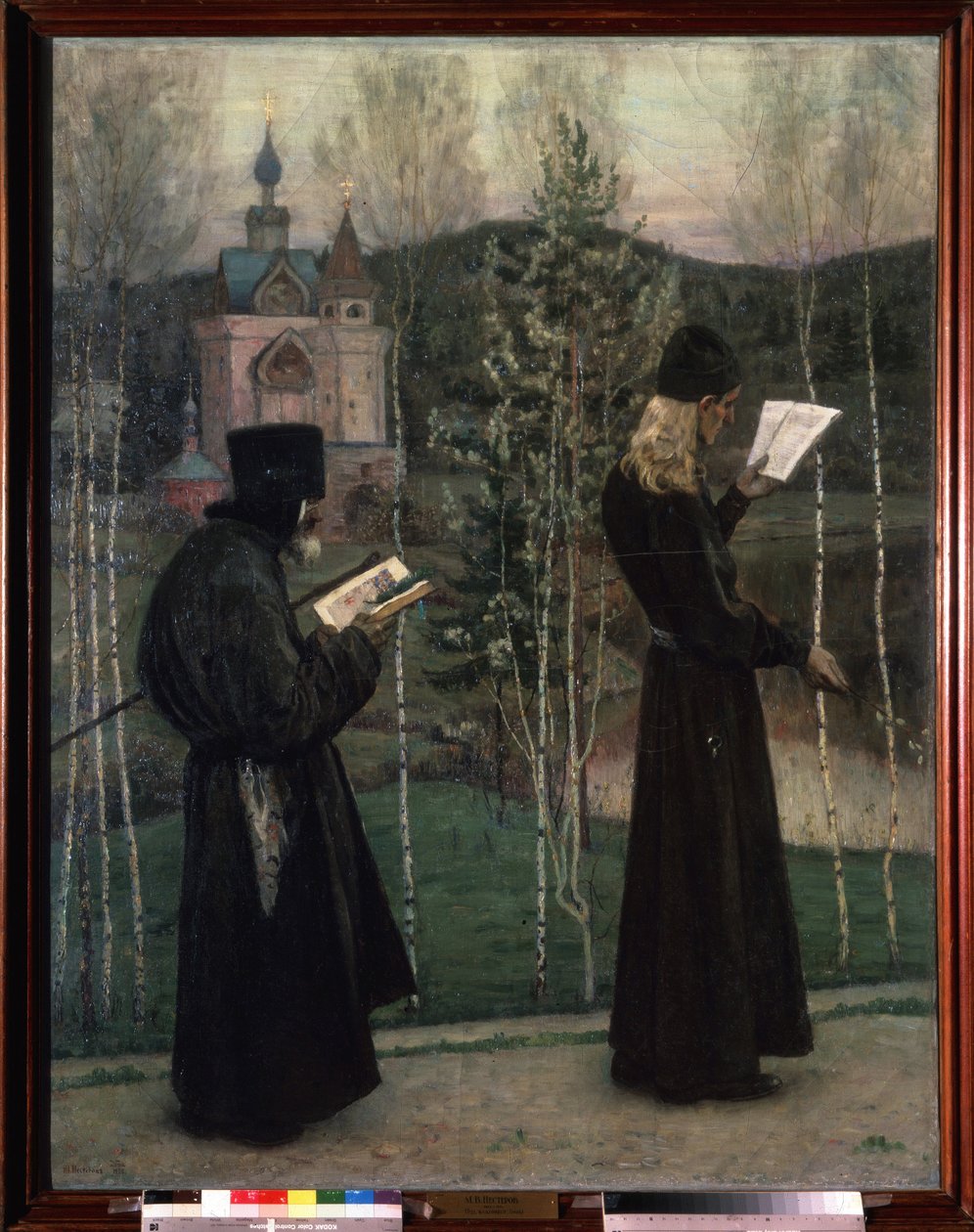 Kellot soivat (Ringing the Bells). Kaksi kävellessä lukevaa munkkia ovat menossa kohti taustalla olevaa kirkkoa. Mihail Vasilyevich Nesterovin (1862-1942) maalaus öljy kankaalle tekijältä Mikhail Vasilievich Nesterov