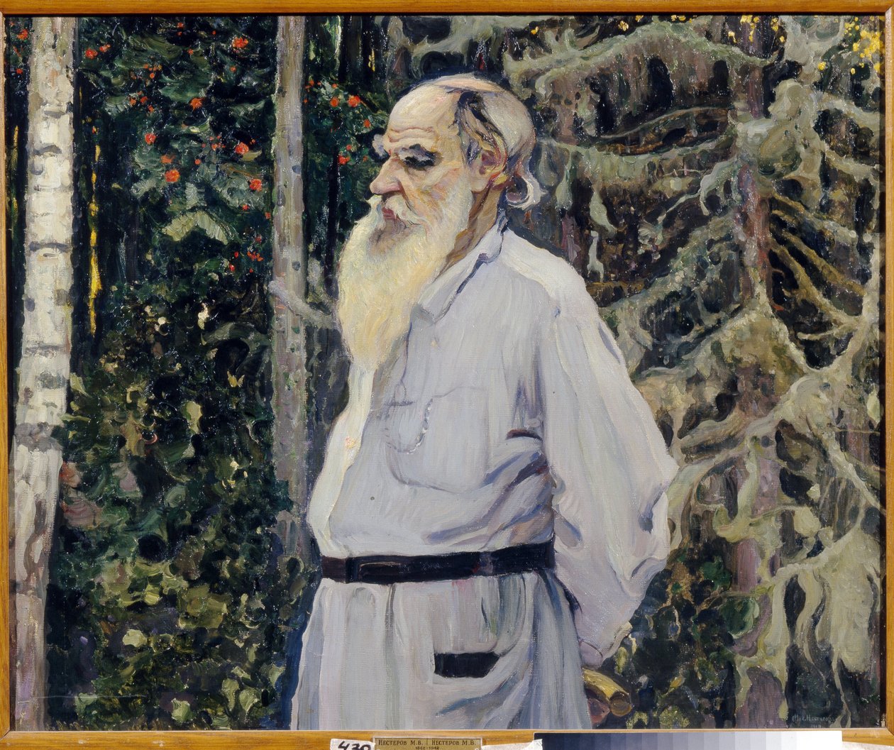 Kirjailija Leon N. Tolstoin (1828-1910) muotokuva (Kirjailija Leo N. Tolstoin muotokuva). Mihail Vasilyevich Nesterovin (1862-1942) maalaus öljy kankaalle tekijältä Mikhail Vasilievich Nesterov