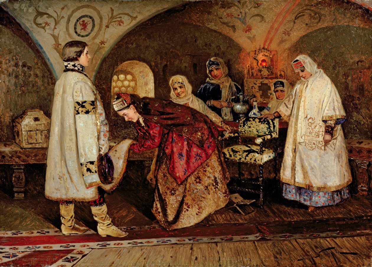 Tsaari Aleksei Mihailovitš (1629-76) tapaa morsiamensa Maria Miloslavasky, 1887 tekijältä Mikhail Vasilievich Nesterov