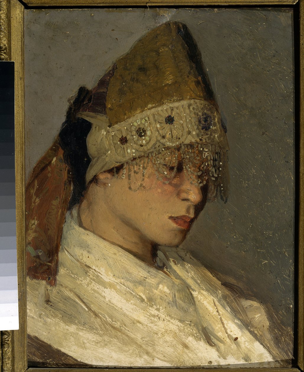 Tyttö, jolla on kokochnik (A Girl With Kokoshnik). Perinteinen venäläisten naisten korkea päähine, sidottu takaa nauhoilla, etuosa on koristeltu helmillä ja brodeerauksella. Mihail Vasilyevich Nesterovin (1862-1942) maalaus, öljy puulle tekijältä Mikhail Vasilievich Nesterov