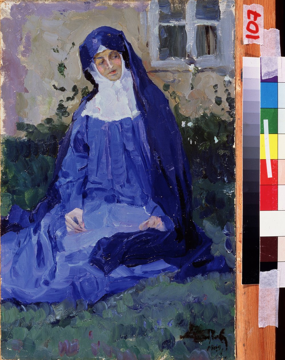 Nunna (Nunna). Mihail Vasiljevitš Nesterovin (1862-1942) työ, öljy pahville tekijältä Mikhail Vasilievich Nesterov