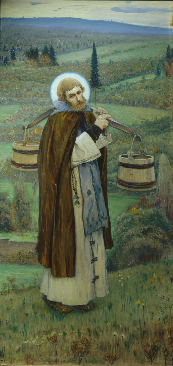 Pyhä Sergius työstää triptyykkiä, vasen osa, 1896 tekijältä Mikhail Vasilievich Nesterov