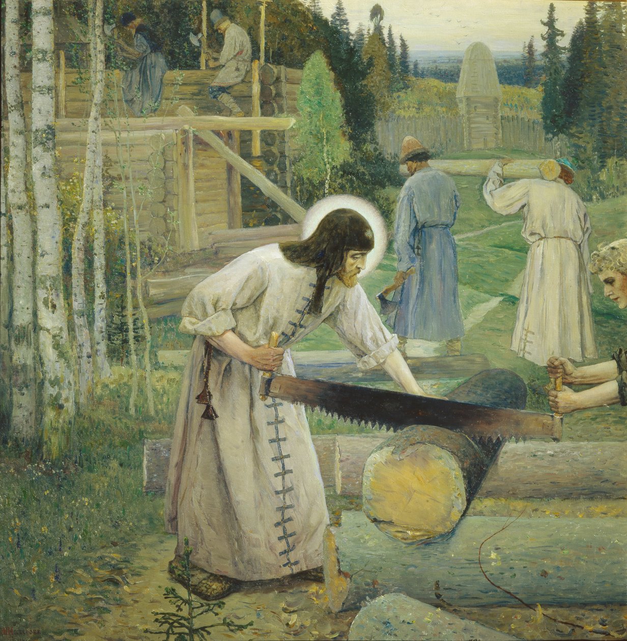 Saint Sergius työstää triptyykkiä, keskiosa, 1896 tekijältä Mikhail Vasilievich Nesterov