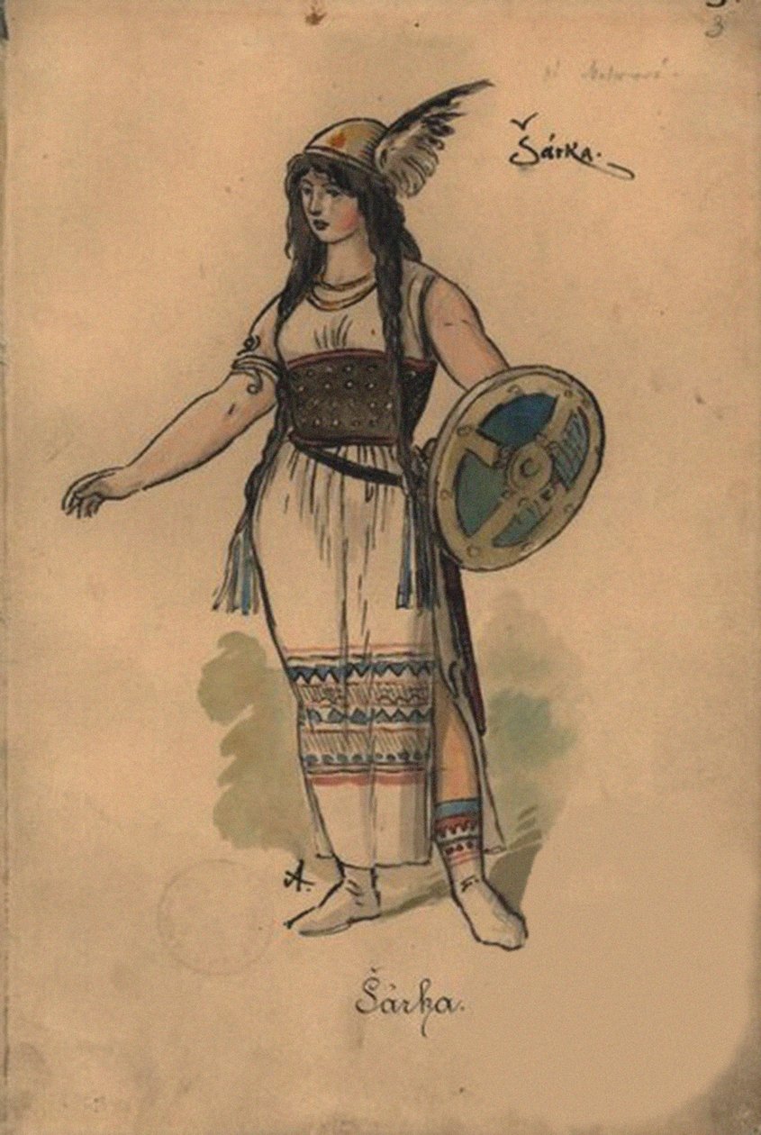 Sarka. Pukusuunnittelu Zdenek Fibichin oopperaan Sarka, 1897. tekijältä Mikolas Ales