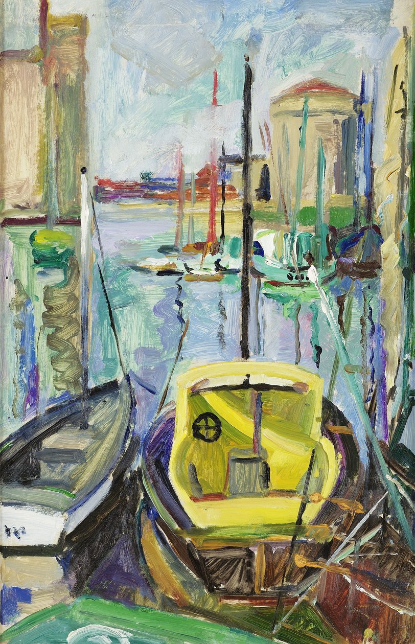 Vanha satama, La Rochelle, n. 1930 (öljy paperille asetettu kankaalle) tekijältä Mildred Bendall