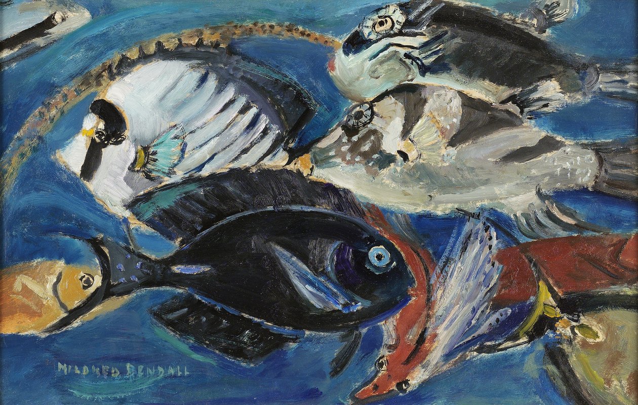 Poissons, n. 1950 (öljy paperille asetettu paneeliin) tekijältä Mildred Bendall