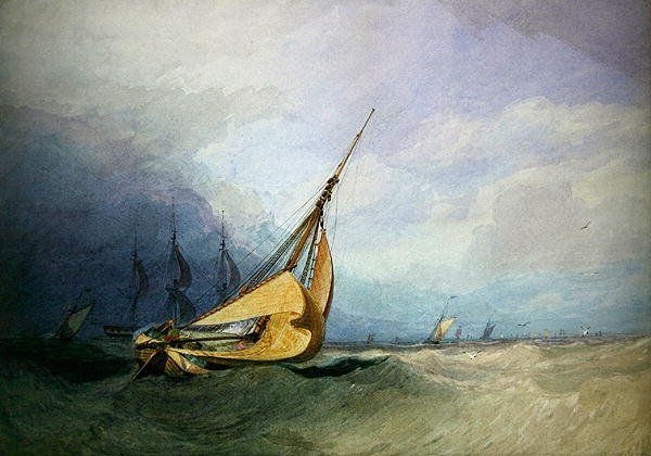 Merimaisema veneineen (vesiväri paperille) tekijältä Miles Edmund Cotman