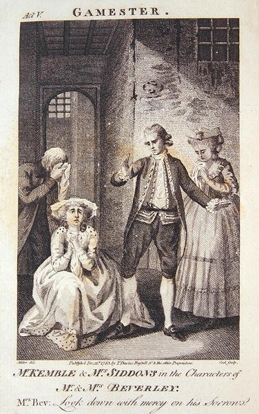 Herra Kemble ja rouva Siddons herra ja rouva Beverleyn hahmoissa, Edward Mooren teoksen "The Gamester" etusivun kuva, kaiverrettu Cookin toimesta. tekijältä Miller (after)