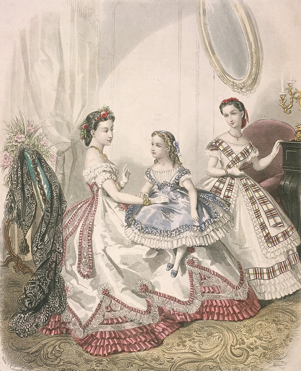 Kaksi naista ja pieni tyttö, joilla on viimeisin sisämuoti, c1860 tekijältä Millia Lacouriere