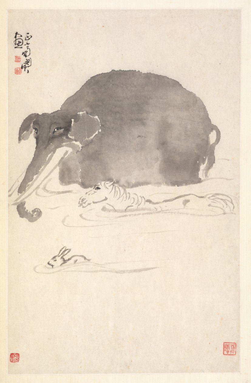 Elefantti, hevonen ja jänis, 1788. tekijältä Min Zhen