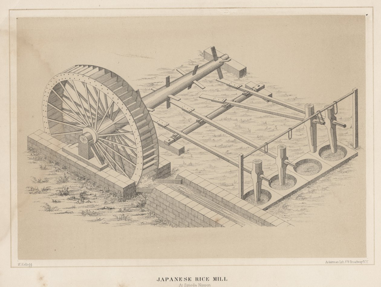 Japanilainen riisinmylly Simoda Nipponissa, 1855 tekijältä Miner Kilbourne Kellogg
