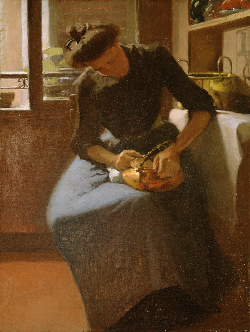 Nainen kiillottaa vedenkeitintä, n. 1912 (öljy kankaalle) tekijältä Minerva Josephine Chapman