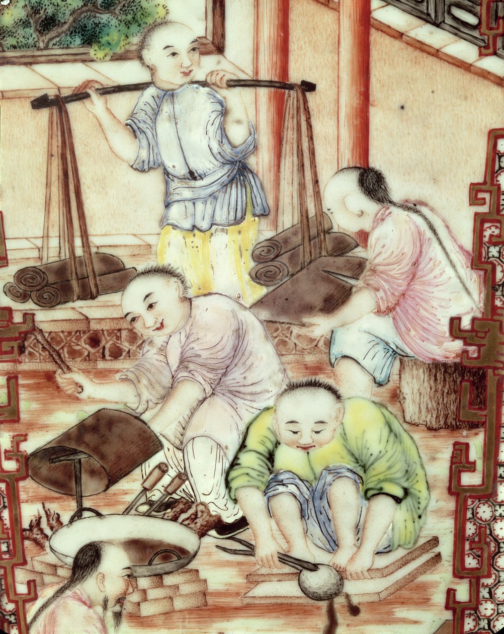 Yksityiskohta maljakosta, joka kuvaa käsityöläisiä tekijältä Ming Dynasty Chinese School