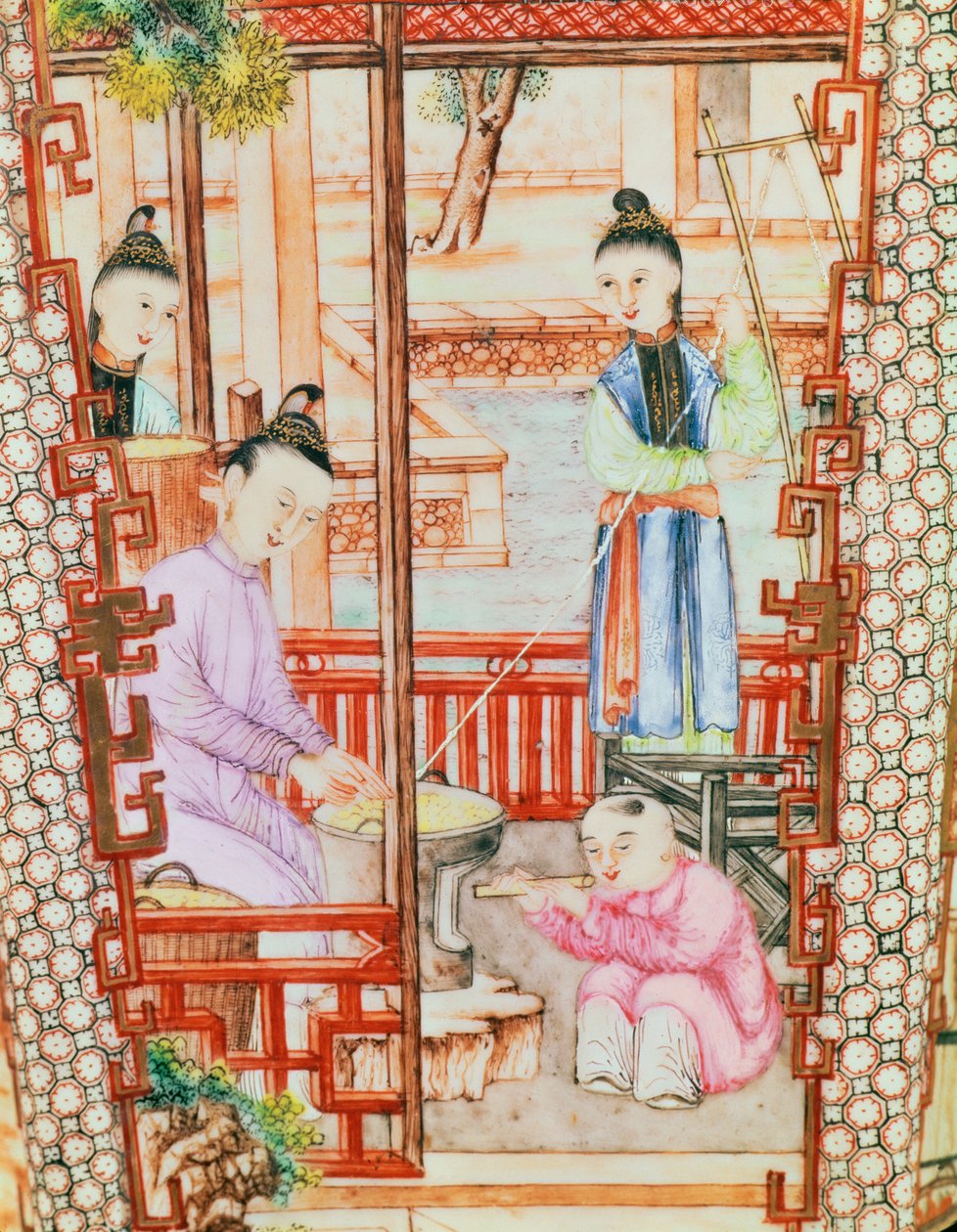 Yksityiskohta maljakosta, jossa naiset kehrävät silkkiä tekijältä Ming Dynasty Chinese School