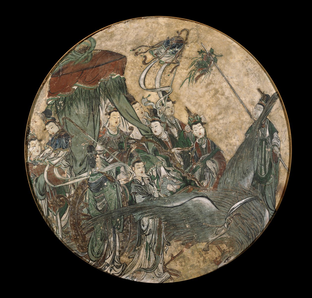 Monivärinen fresko, joka esittää naispuolista arvohenkilöä pitelemässä Ruyi-valtikatta istuessaan Phoenix-vedetyssä vaunussa tekijältä Ming Dynasty Chinese School