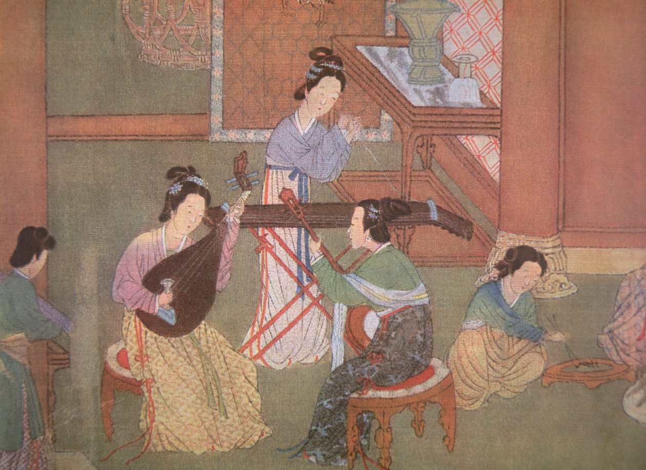 Kiinalainen luuttu, kuukitara ja pöytäsitra (maalaus silkille) tekijältä Ming Dynasty Chinese School