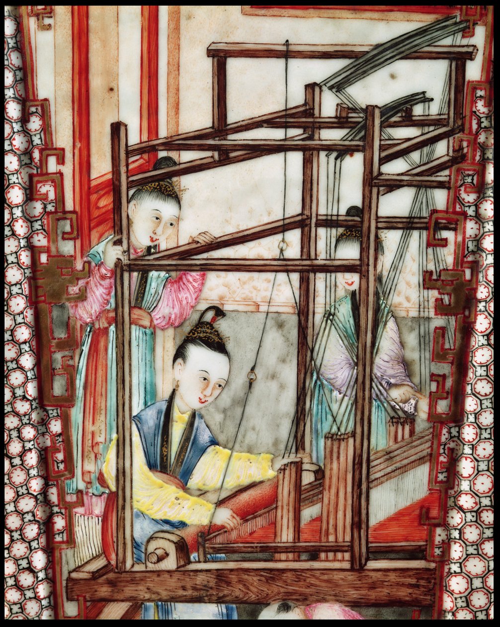 Yksityiskohta maljakosta, joka kuvaa silkkikudontaa (keraaminen) tekijältä Ming Dynasty Chinese School