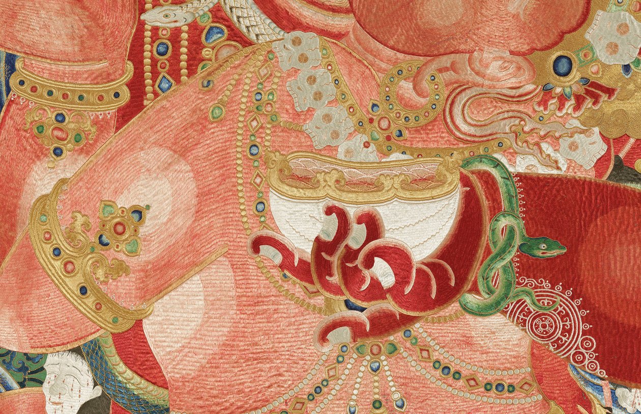 Yksityiskohta keisarillisesta kirjaillusta silkki-tangasta tekijältä Ming Dynasty Chinese School