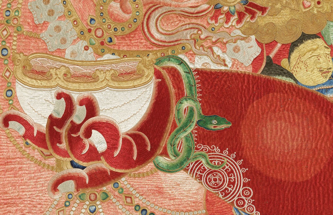 Yksityiskohta keisarillisesta kirjaillusta silkki-tangasta tekijältä Ming Dynasty Chinese School