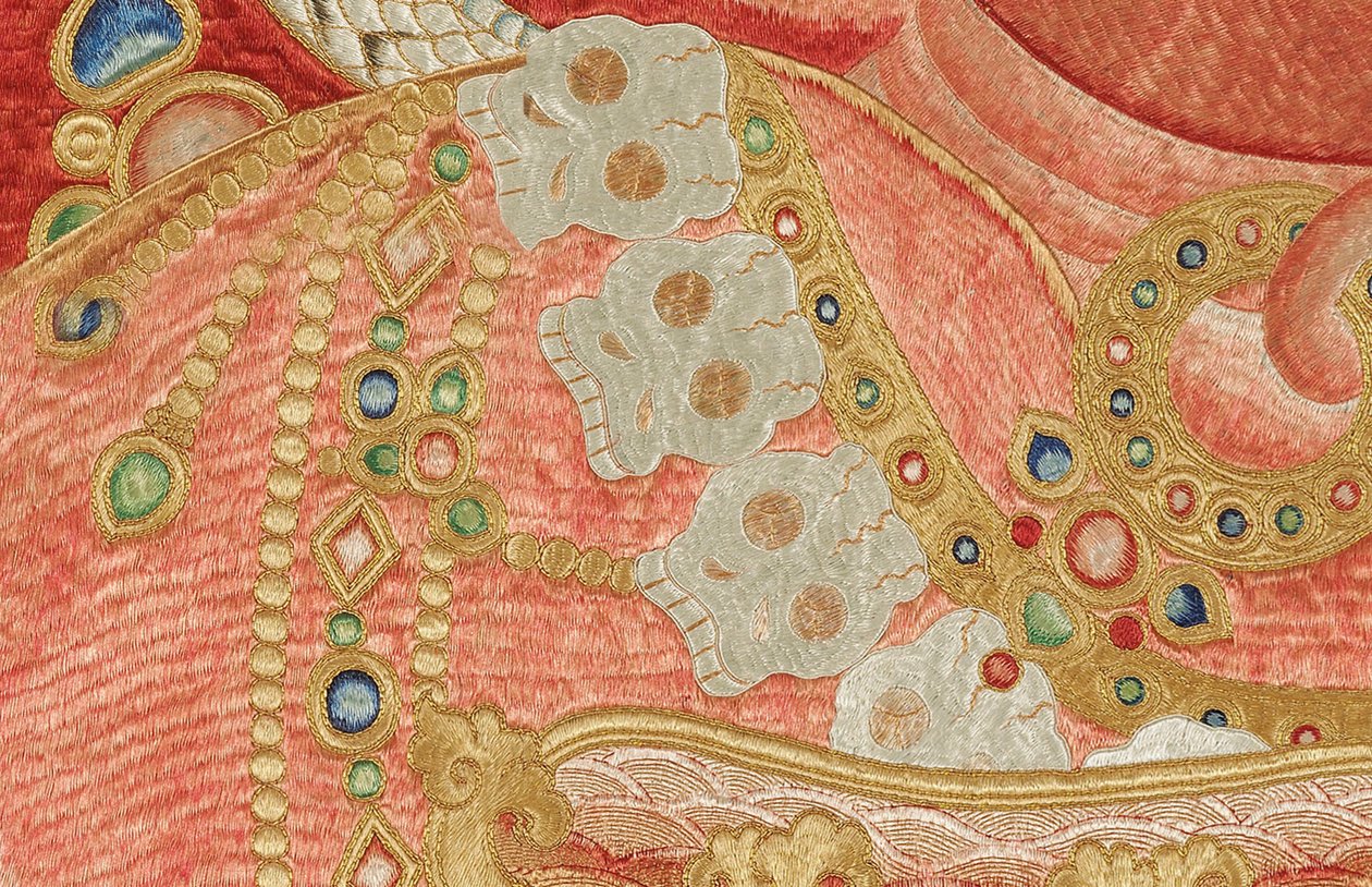 Yksityiskohta keisarillisesta kirjaillusta silkki-tangasta tekijältä Ming Dynasty Chinese School