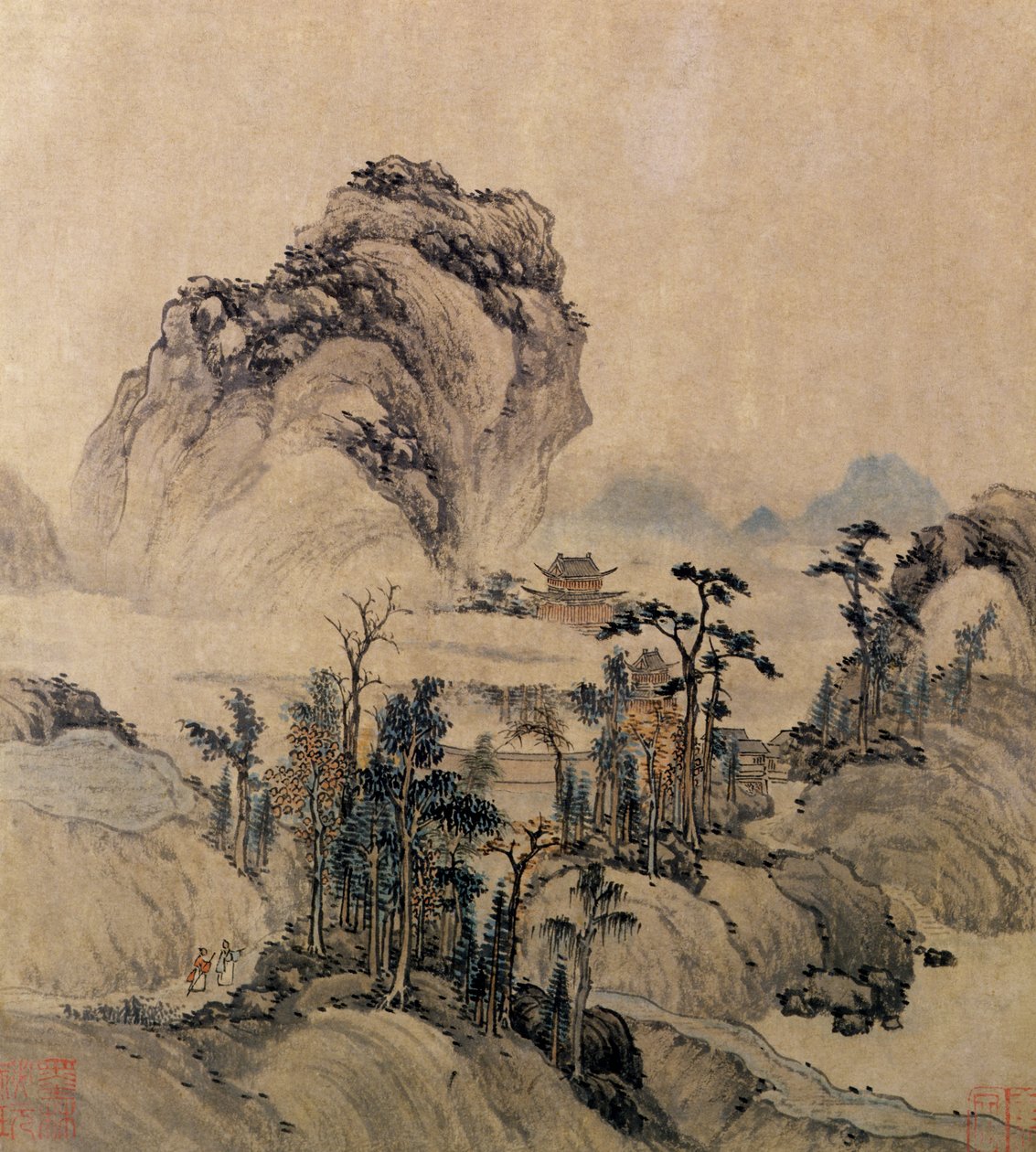 Vuoristonäkymä (muste, pesu ja väritys paperille) tekijältä Ming Dynasty Chinese School