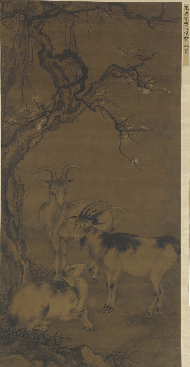 Kolme vuohta kukkivan luumupuun alla, 1500-1600-luku tekijältä Ming Dynasty Chinese School