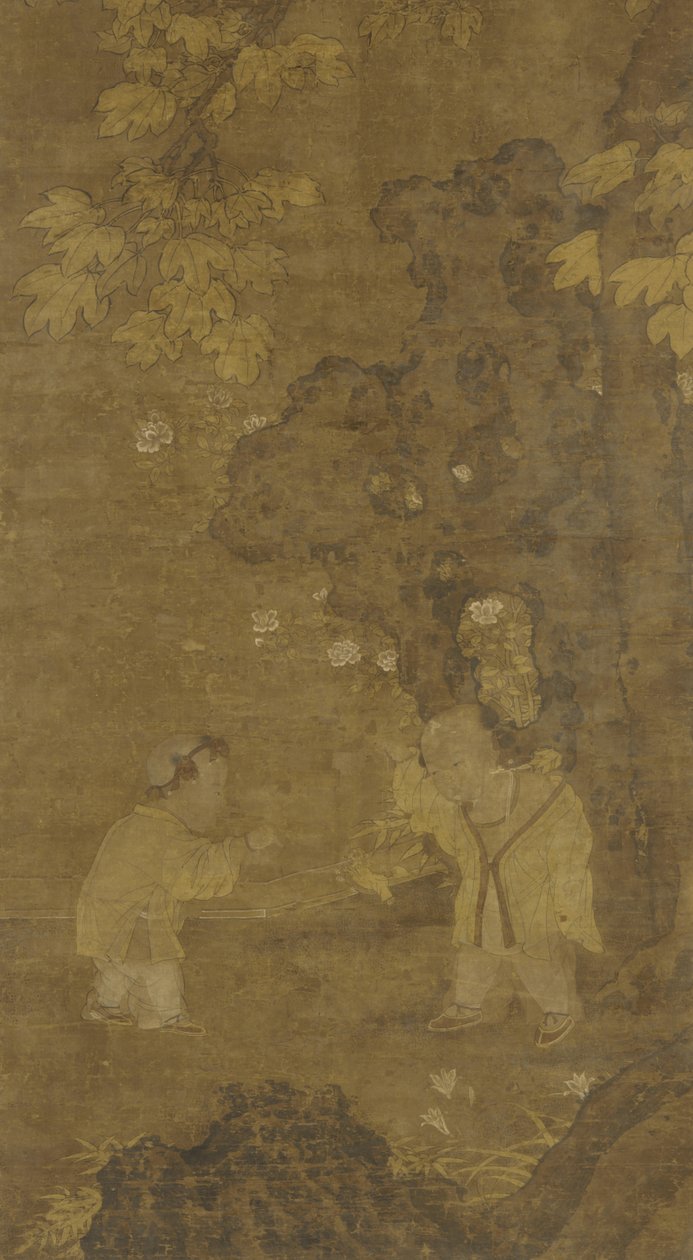 Kaksi poikaa leikkimässä leijonanukon kanssa, 1400-1500-luku tekijältä Ming Dynasty Chinese School