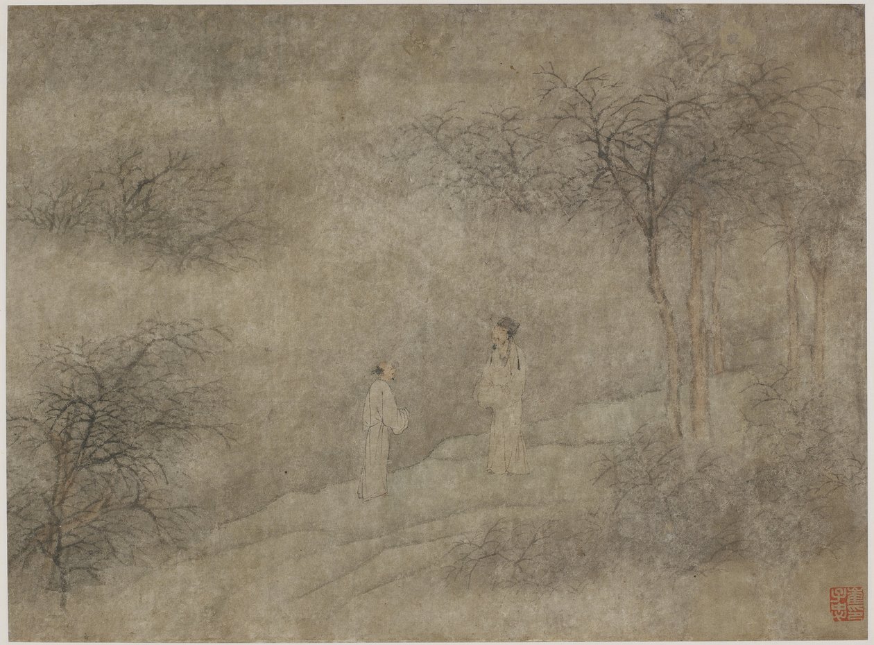 Kaksi miestä kävelemässä sumuisessa lehdossa (muste ja väri paperille) tekijältä Ming Dynasty Chinese School