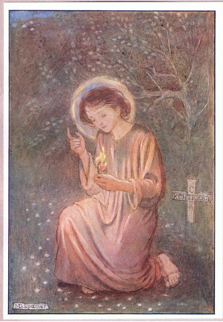 Hän polvistui kasteiselle ruoholle (väri litho) tekijältä Minnie Didbin Spooner