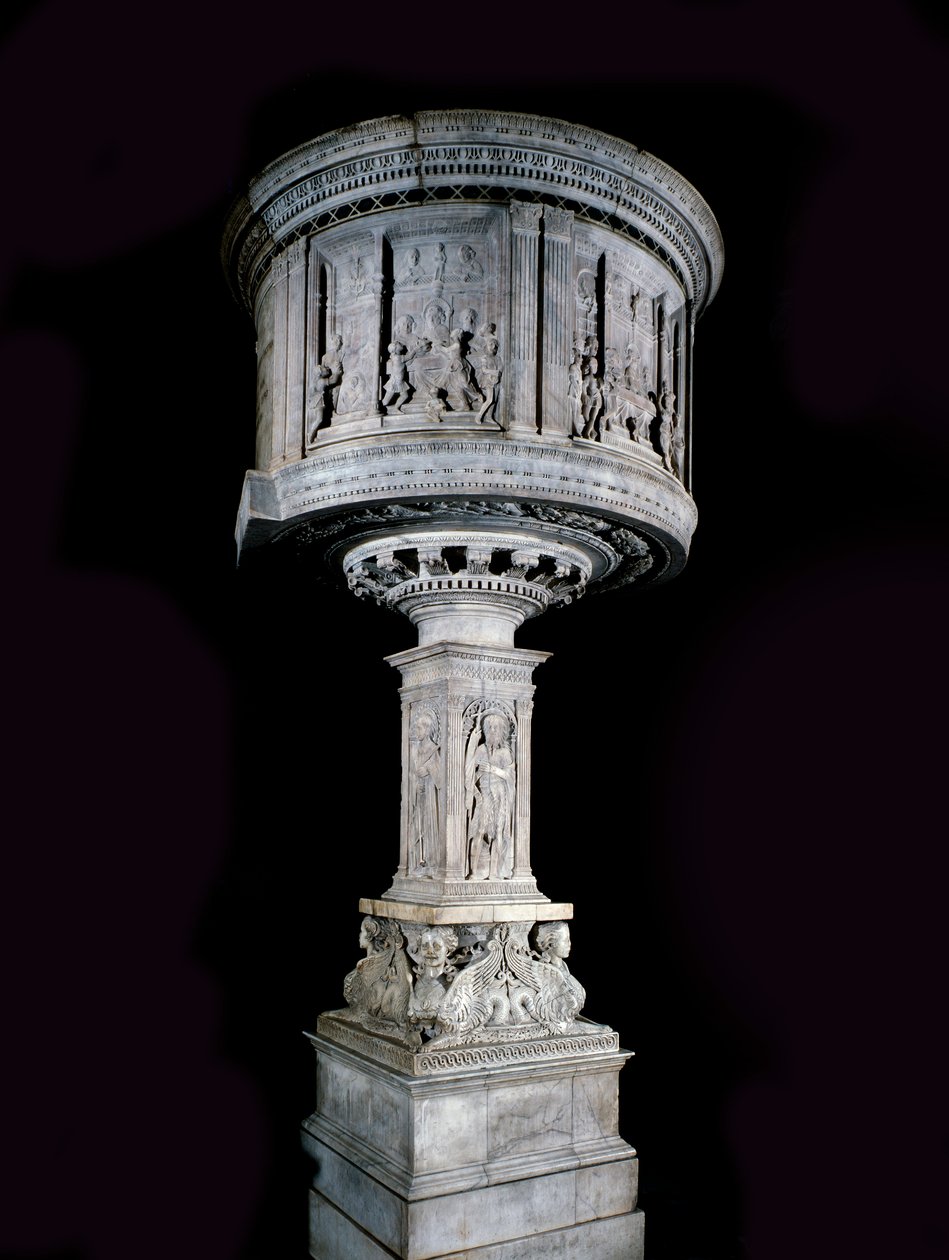 Renessanssitaide: Pasquino di Matteon (1425-1485) tuoli, Mino da Fiesolen (1429-1484) ja Antonio Rossellinon (1427-1479) kuvanveistämä (valkoista marmoria oleva saarnatuoli (1469-1473) ja reliefeillä Antonio Rossellino ja Mino Rossellino Fiesole) tekijältä Mino da Fiesole