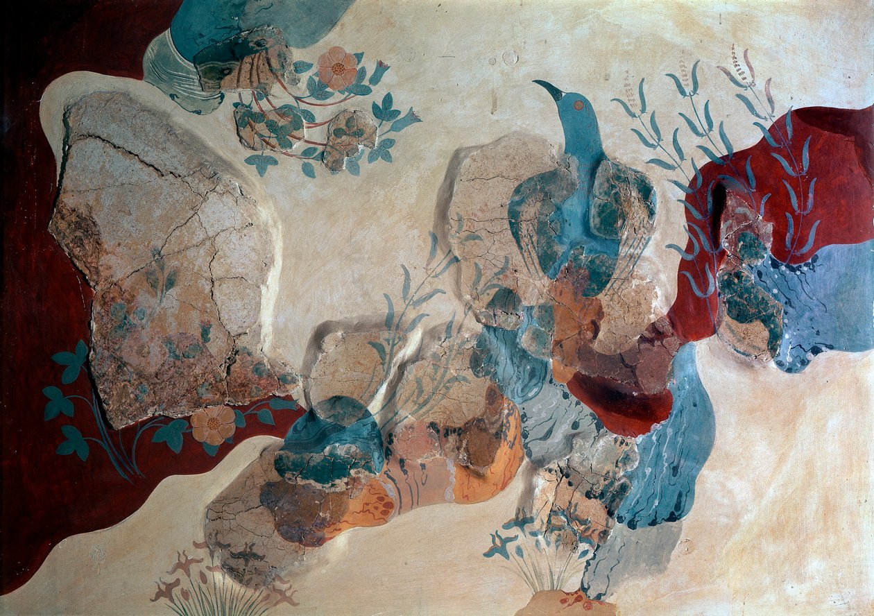 Minoan Art: "" Blue Bird"" Fragmentti freskotalon freskosta. 1500 eaa. Heraklion, arkeologinen museo, Kreeta - minolainen taide: sininen lintu. Fragmentti freskosta, jossa näkyy lintu kivien, villiruusujen ja iiristen keskellä, Frescoes Housesta tekijältä Minoan