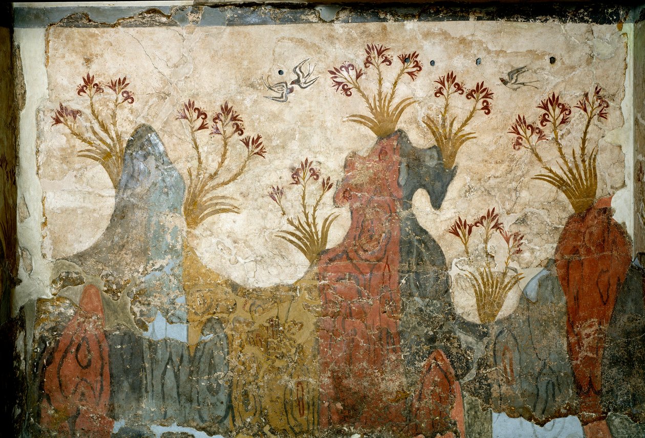 Minolainen taide: "" Kevät"" Fresko Akrotirista Santorinille. 1500-luvulla eaa. Athenes, kansallinen arkeologinen museo tekijältä Minoan