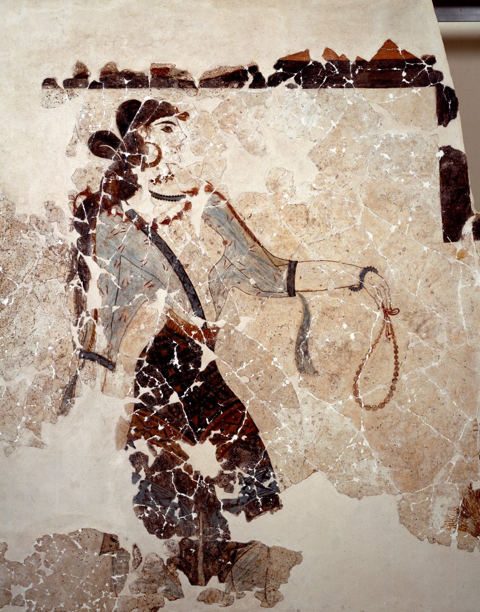 Minolainen sivilisaatio: naiset palvonnassa. Yksityiskohta. Fresko Xeste 3:n lustraalialtaalta Akrotirissa (Thera), Santorinissa. Himmeä. 143x381 cm 1500-luku eKr. Santorini, Akrotiri a Theran freskokokoelma tekijältä Minoan