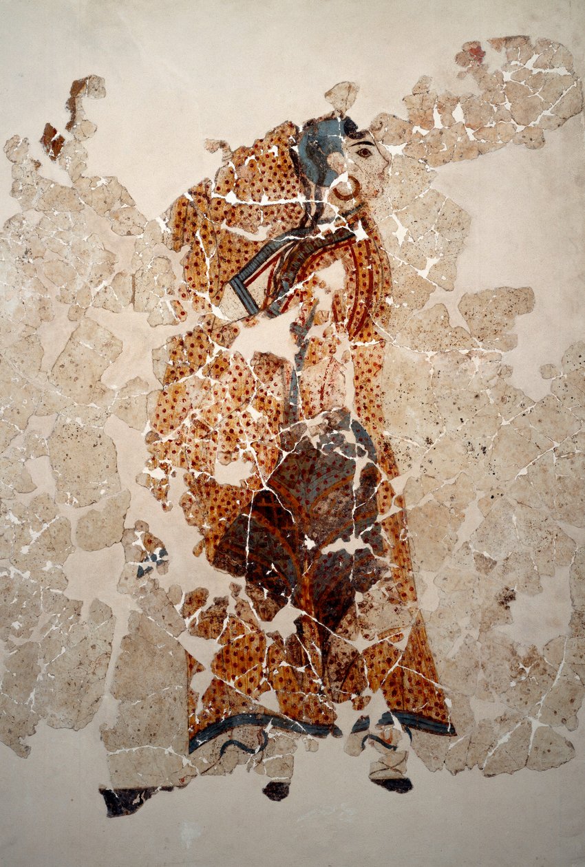 Minolainen sivilisaatio: naiset palvonnassa. Yksityiskohta. Fresko Xeste 3:n lustraalialtaalta Akrotirissa (Thera), Santorinissa. Himmeä. 143x381 cm 1500-luku eKr. Santorini, Akrotiri a Theran freskokokoelma tekijältä Minoan