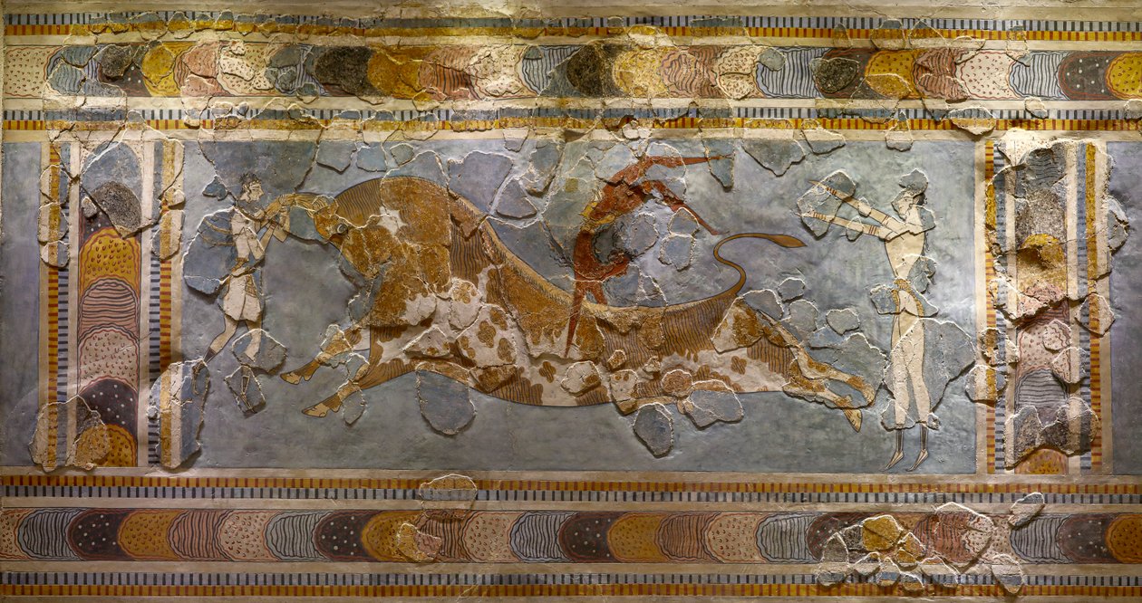 Yksityiskohta Bull Leaping Frescosta. Löytyi Knossoksesta tekijältä Minoan