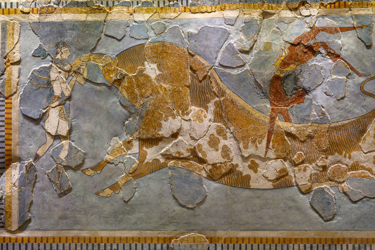 Yksityiskohta Bull Leaping Frescosta. Löytyi Knossoksesta tekijältä Minoan