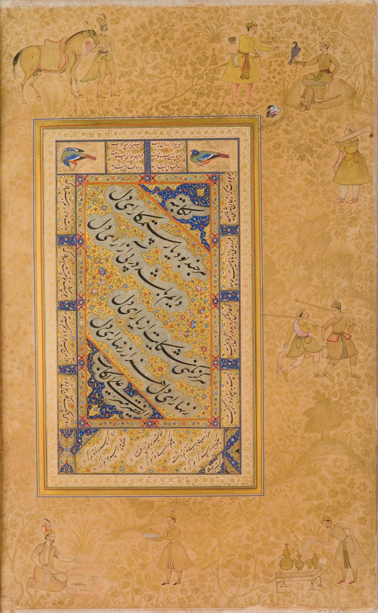 Sivu Jahangirille tehdystä albumista, recto, recto kalligrafia 1500-luvun alkupuolisko; verso kuva n.1590; albumi n.1608-19 (vesiväri, kulta ja muste paperille). tekijältä Mir Ali Al Husayni