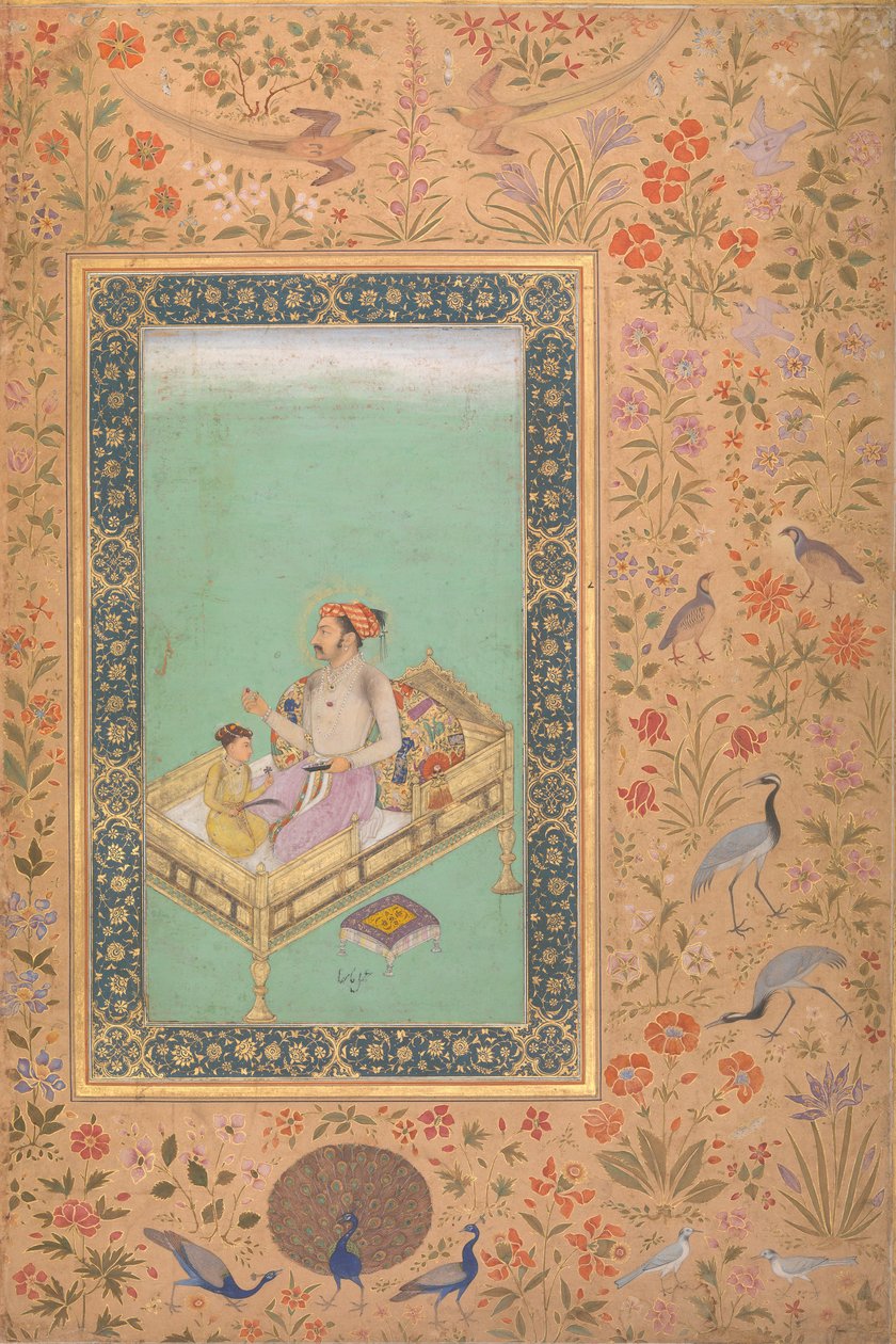 Keisari Shah Jahan poikansa Dara Shikohin kanssa, Folio Shah Jahan -albumista, Verso: Ca.1620 tekijältä Mir 