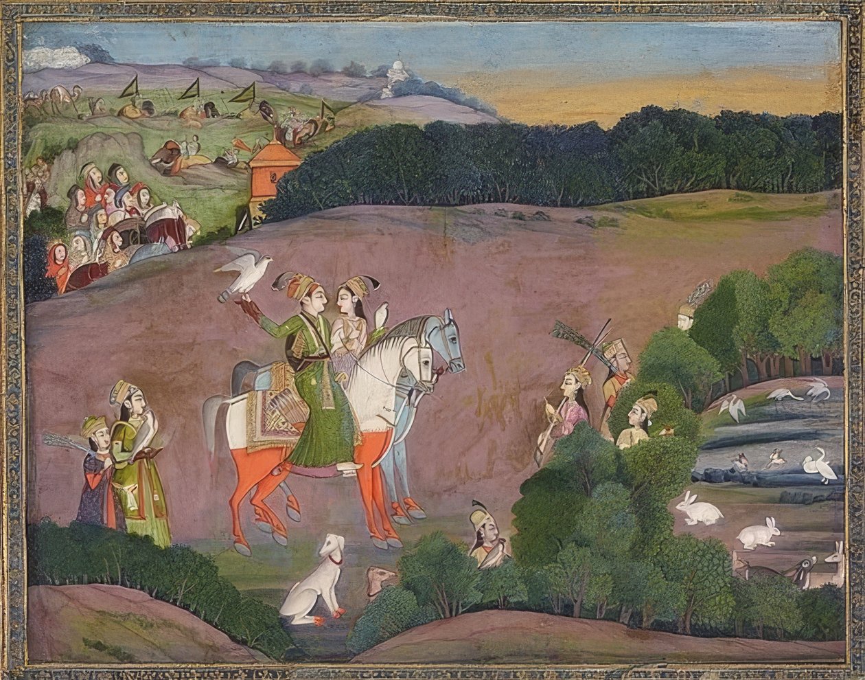 Baz Bahadur ja Rupmati metsästävät haukkoja. Noin 1735 tekijältä Mir Kalan Khan